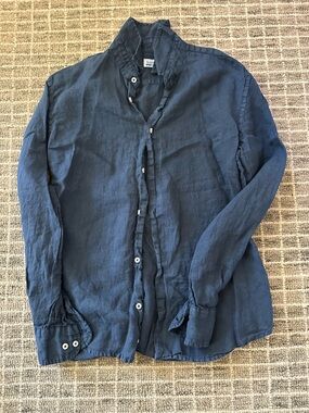 Navy Blue Linen Button Down Shirt